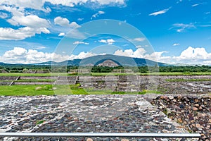 Ruins of the architecturally significant Mesoamerican pyramids with  Pyramid of the Sun, the largest building in Teotihuacan, an