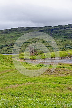 The ruins of Ardvreck Castle at Loch Assynt in Scotland