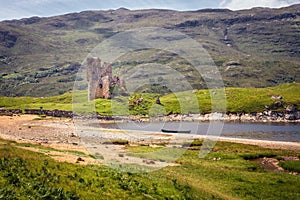 Ruins of the Ardvreck castle on the shores of Loch Assynt, Sutherland, Highlands of Scotland