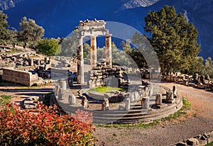Ruins Athina Pronaia temple in Ancient Delphi photo