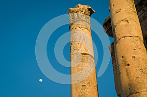 Ruins of Baalbek. Ancient city of Phenicia, located in the Beca valley, Lebanon. Acropolis with Roman remains. Roman tower being photo