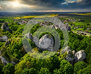 Ruins of beautiful Ogrodzieniec Castle in Poland at sunset