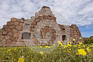 Ruins of Bomarsund fort and flowers on foreground, Aland