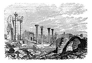 Ruins of Bozrah,  Captial city of Edorn, Jordan, now Bouseira vintage engraving