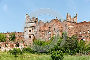 Ruins of brick defense tower and wall of mediaeval castle