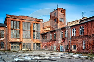 Ruins of a brick sugar factory in Pruszcz GdaÅ„ski in winter, Poland