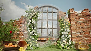 the ruins of a brick wall with a wooden window decorated with natural flowers