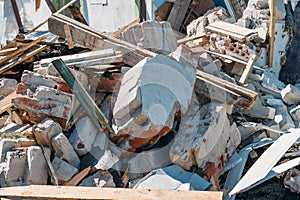 Ruins of broken building. Demolished concrete building debris. Destructed house