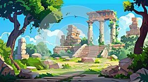 ruins of a broken down ancient Greek temple in an abandoned garden with green grass and trees on a sunny summer day. You