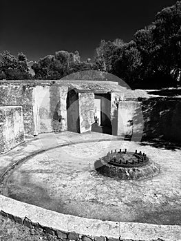 Ruins of concrete building foundations at seaside