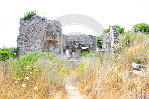 The ruins of buildings of the ancient city. Turkey. Side city.