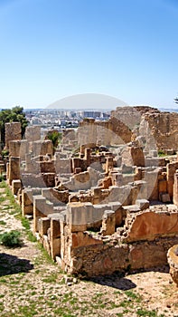 Ruins of Carthage in Tunisia, with the modern city in the background