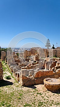 Ruins of Carthage in Tunisia, with the modern city in the background