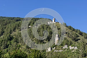 The ruins of Castel Rotund and Castle Reichenberg in Tubre, Taufers im MÃ¼nstertal, South Tyrol, Italy