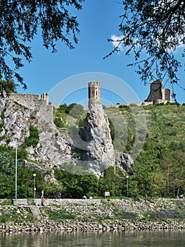 The ruins of the castle Devin tower from the period of Great Moravia on a high rock, Slovakia