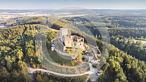 Ruins of castle Landstejn aerial view. South Bohemian region. Czech Republic, Europe