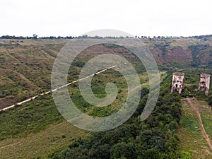 Ruins of the castle in Nirkov, towers of the Chervonograd castle, Ukraine. Nirkov, Dzhurin waterfall