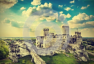 Ruins of a castle, Ogrodzieniec in Poland, vintage.