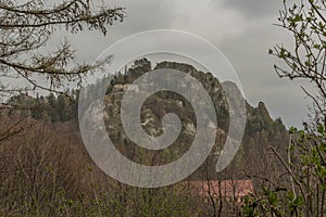 Ruins of castle Vrsatec in spring dark cloudy day