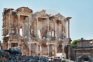 The ruins of Celsus Library in Ephesus at sunny evening sun. Beautiful light of the old ancient rocks and stones, turkey