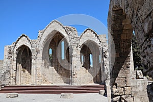 Ruins of the choir of the gothic church of the Virgin of the Burgh in the medieval city of Rhodes, Island of Rhodes