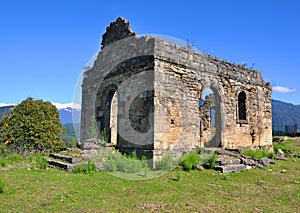 The ruins of the church near Bedia Cathedral. Abkhazia