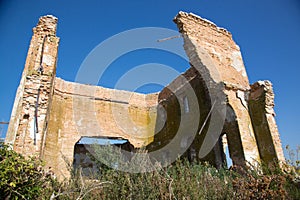 The ruins of the church of St. Elijah in the Tsybli village, Ukraine. Remains of the church. Interior and destroyed flaky walls