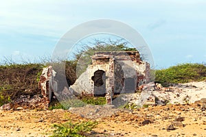 Ruins of the city of Danushkodi. Fishermen`s huts among the ruins.