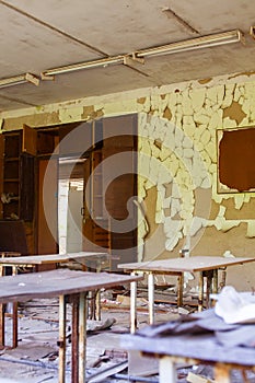 Ruins of a classroom at a school in the Chernobyl zone