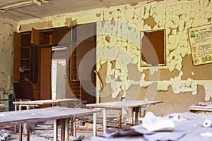 Ruins of a classroom at a school in the Chernobyl zone