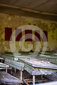 Ruins of a classroom at a school in the Chernobyl zone