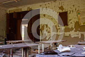 Ruins of a classroom at a school in the Chernobyl zone