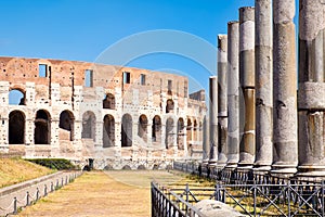 Ruins of the Colosseum and the columns next to the temple of Venus in Rome