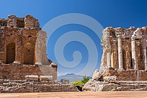 Ruins and columns of antique greek theater in Taormina