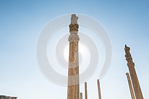 Ruins of columns in the Persepolis in Shiraz, Iran. The ceremonial capital of the Achaemenid Empire. UNESCO World Heritage