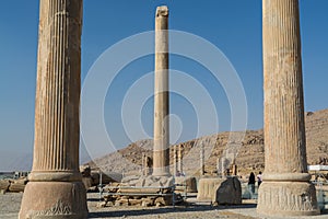 Ruins of columns in the Persepolis in Shiraz, Iran. The ceremonial capital of the Achaemenid Empire. UNESCO World Heritage