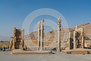 Ruins of columns in the Persepolis in Shiraz, Iran. The ceremonial capital of the Achaemenid Empire. UNESCO World Heritage