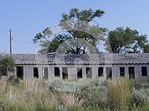 Dilapidated structure covered by shrubs at Glenrio, one of America`s ghost towns photo