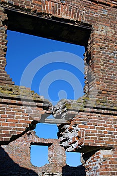 The ruins of the early 19th century. The mill in Loshitsky Park, Minsk. Brickwork. Window hole