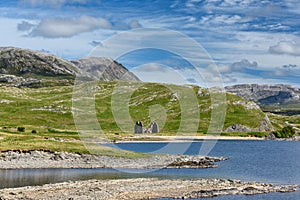 Ruins at the eastern end of Loch Assynt. Remains of Calda Manor, Scotland, UK