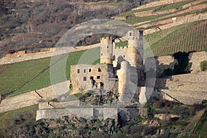 Ruins of the Ehrenfels Castle, on the hillslope overlooking the Rhine river, near Rudesheim am Rhein, Germany