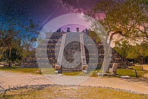 Ruins of El Osario pyramid, Chichen Itza, Yucatan, Mexico, Maya civilization with Milky Way Galaxy stars night sky