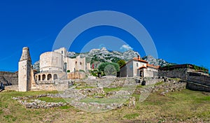 Ruins of Fatih Sultan Mehmet mosque at grounds of Kruja castle in Albania