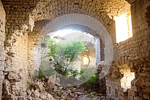 Ruins of Fort Kosmach in Montenegro. Fortress is located near Budva. Old castle was built in Austro-Hungarian Empire as defensive