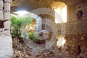 Ruins of Fort Kosmach in Montenegro. Fortress is located near Budva. Old castle was built in Austro-Hungarian Empire as defensive