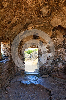 Ruins of a fortified leper colony in Spinalonga island, Crete, Greece