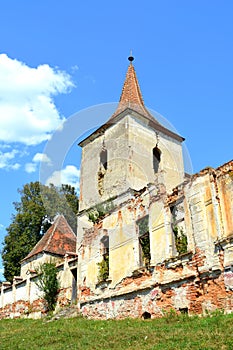 Ruins. Fortified medieval saxon evangelic church in the village Felmer, Felmern, Transylvania, Romania.