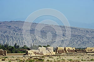 Ruins of Gaochang with mountains in the background