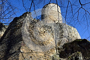 Ruins of a gothic castle with a tall tower