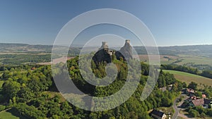 Ruins of Gothic castle Trosky in National Park Czech Paradise. Aerial view to medieval monument in Czech Republic.